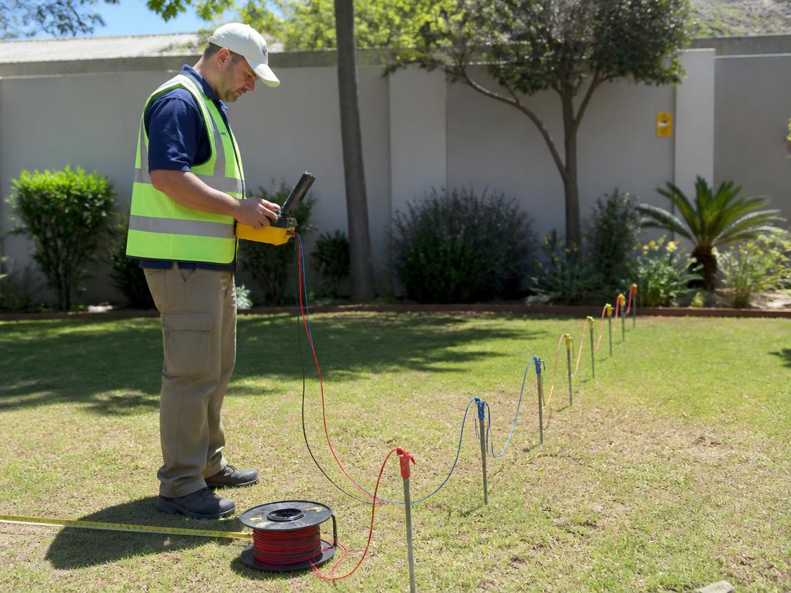 A surveyor using an electrical resistivity meter to measure ground resistivity and locate groundwater
