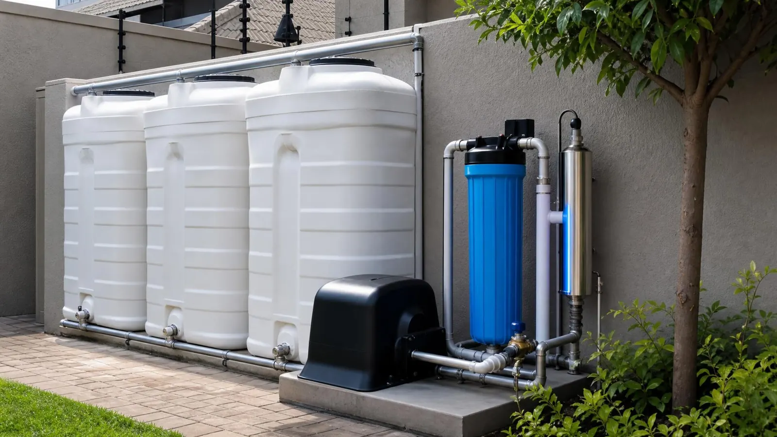 Home water-backup system — three slimline tanks with a blue filter, UV steriliser and a pump in a plastic pump house